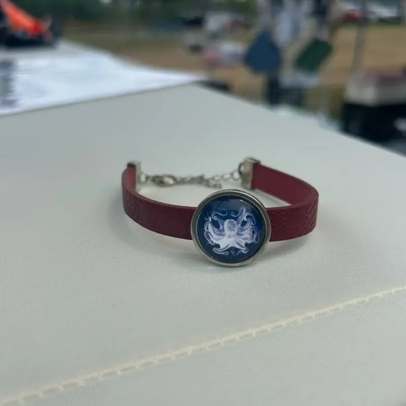 Octopus Charm Leather Strap Bracelet - Red Leather with Blue Octopus Pendant and Silver Chain