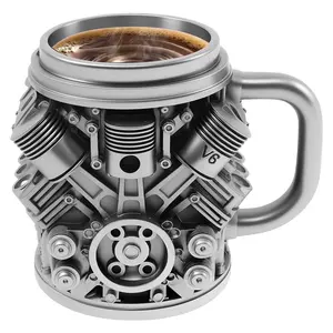 Qenwkxz Engine Coffee Mug Creative Car V6/V8 Engine Coffee Cup with Handle Novelty Stainless Steel Beverage Mug for Car Lovers Enthusiasts Black