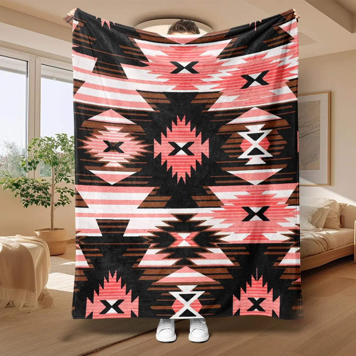 Boho Style Geometric Pattern Blanket, 1 Count Soft Throw Blanket, Air-conditioned Room Blanket, Warm Nap Blanket for Home Office Travel, Soft Lightweight Blanket