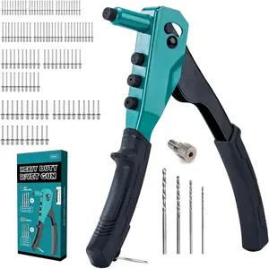 Rivet Gun Kit, Pop Rivet Gun, Heavy Duty Rivet Tool, Professional Hand Riveter, Manual Riveting Tool with 120 Blind Rivets, 4 HSS Drill Bits, 4 Tool-free Interchangeable Heads