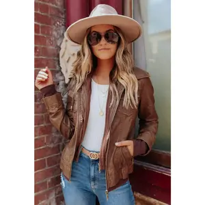 Hooded Sweatshirt Vegan Leather Camel Jacket Fit Womenswear