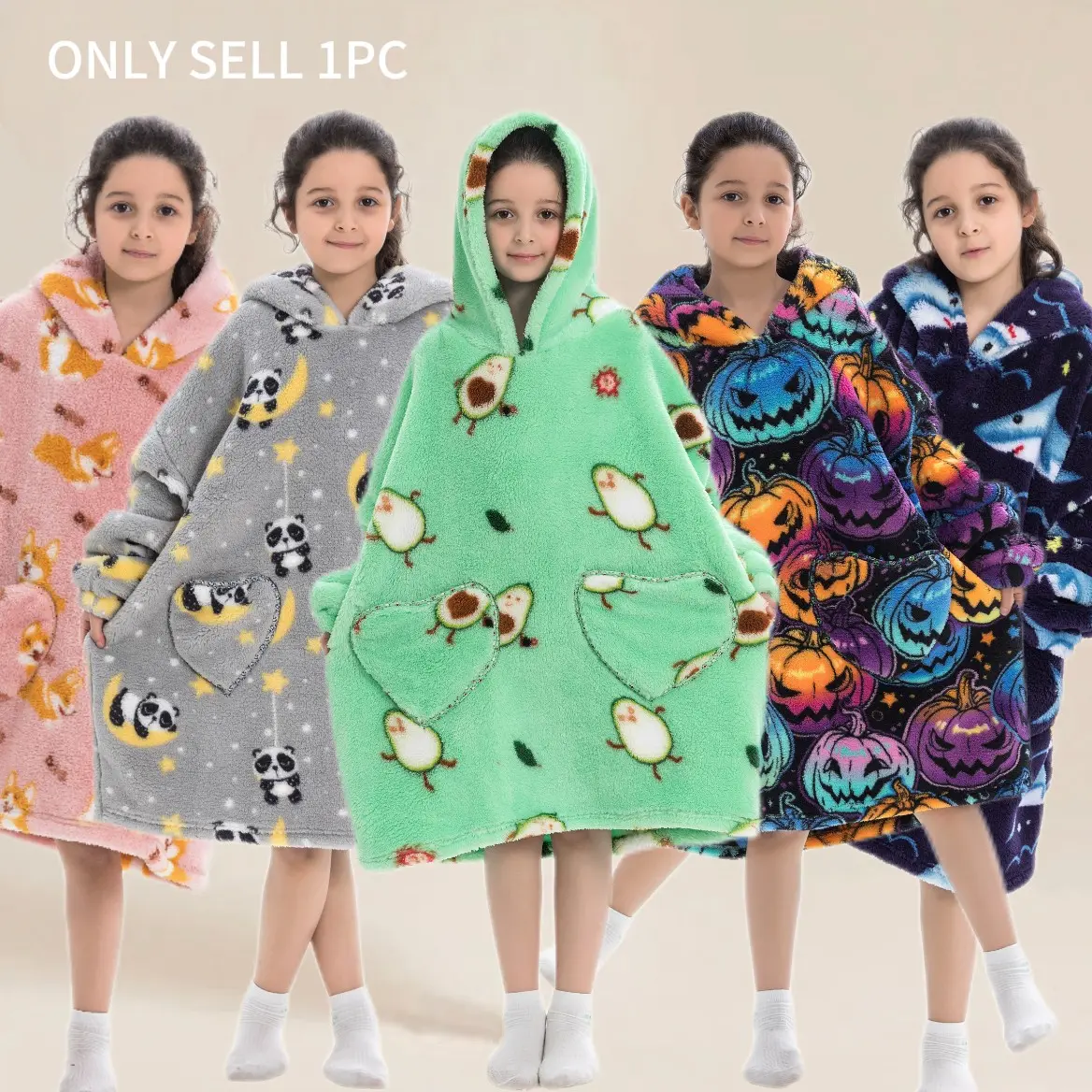 Oversized Wearable Blanket Hoodie for Kids, One Size Fits Most Boys & Girls, Super Soft Cozy Plush Nightgown, Hooded Blanket, Cute Style, 1 Piece
