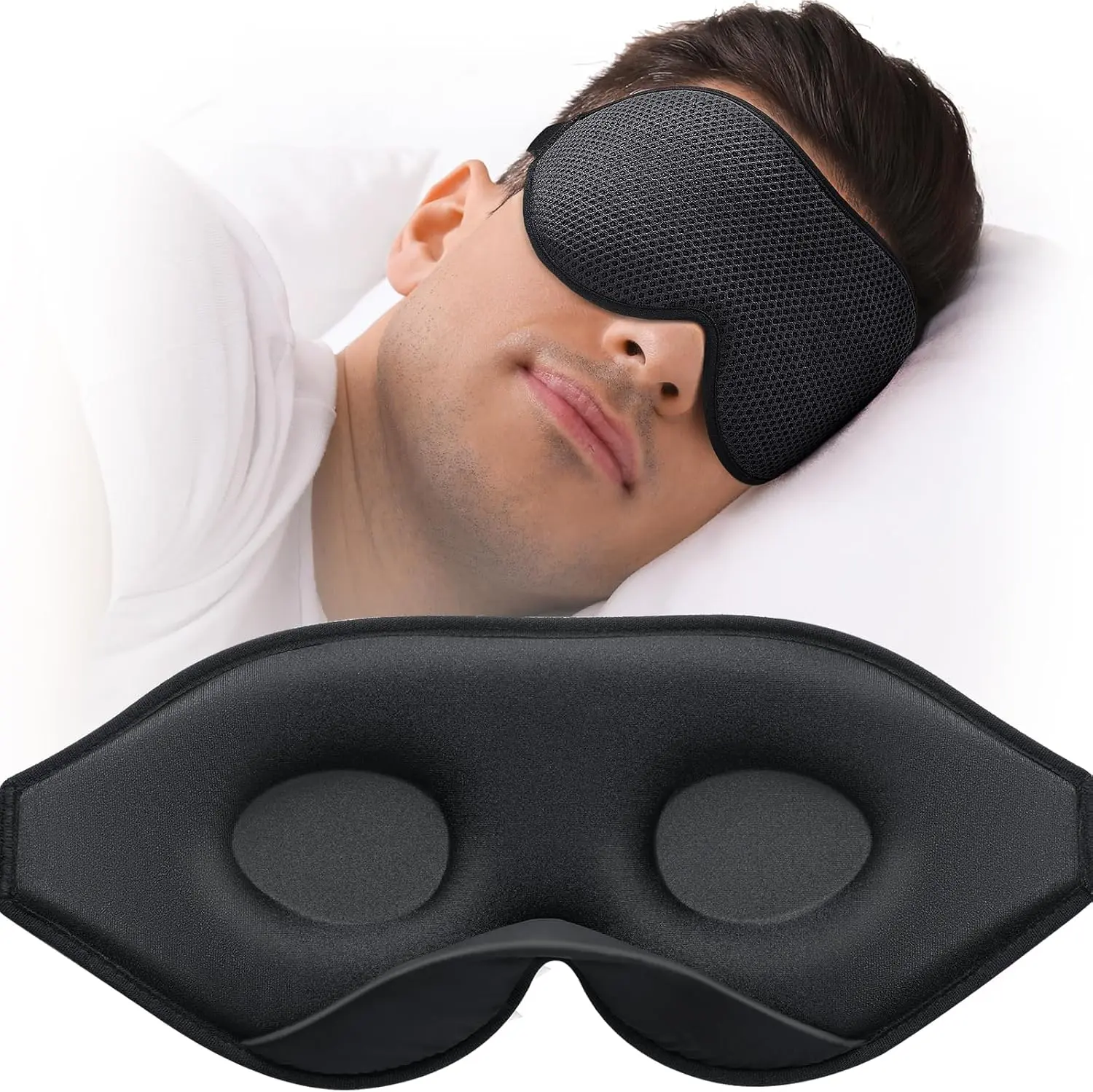 3D Contoured Sleep Mask for Side Sleepers - 100% Light Blocking, Adjustable Strap, Soft Memory Foam Eye Mask for Travel, Nap, Black