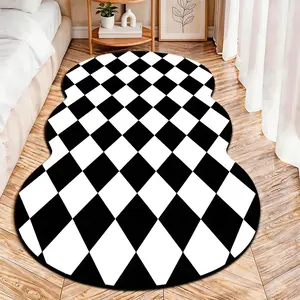 2D Flat velvet irregular rug with black and white diamond checkered chessboard pattern, machine washable non-slip carpet for bedroom, all seasons & holiday decor, durable & easy to clean.