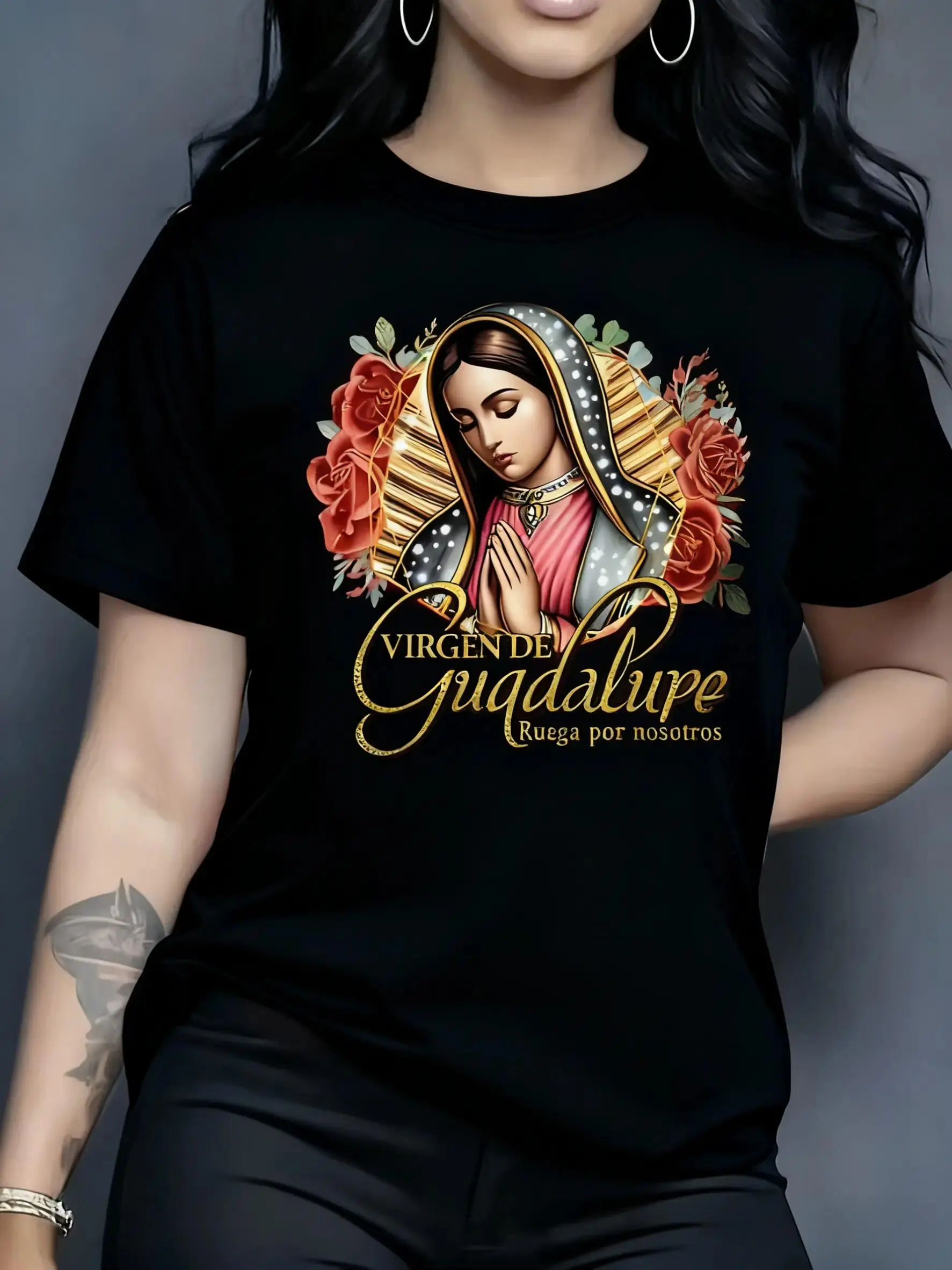 Women's Short Sleeve T-Shirt 100% Cotton Vibrant Red Virgen De Guadalupe Graphic Tee 10 Colors Available Stylish Comfortable Casual Daily Wear Religious Festival Outfit Trendy Top for Ladies Womenswear Medium boho t shirts for women