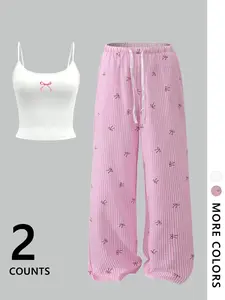 Women's Striped Sleeveless Vest Set with Loose Straight Leg Pants, Casual Cute Comfortable Sleepwear, Pajamas, Warm Home Loungewear, Clothing for Spring & Summer