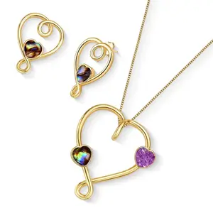 18K Gold-Plated Abalone & Amethyst Heart Jewelry Set