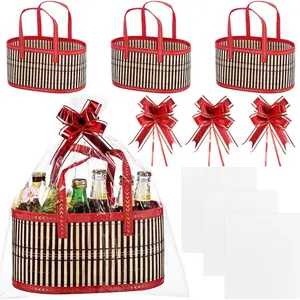 Reallnaive 3 Set Father's Day Bamboo Empty Gift Baskets to Fill, 12 Inch Large Foldable Bamboo Woven Hampers with Bows and Clear Cellophane Bags, DIY Make Your Own Gift Basket Kit for Wedding (Oval)