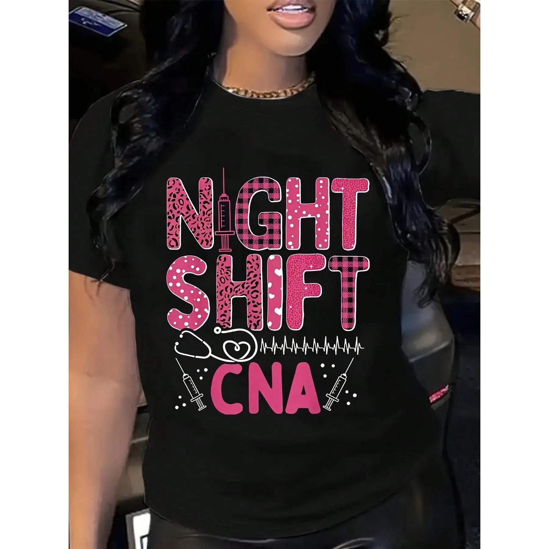 Night Shift CNA Graphic T-Shirt Black With Pink Plaid Text And Medical Symbols For Healthcare Workers
