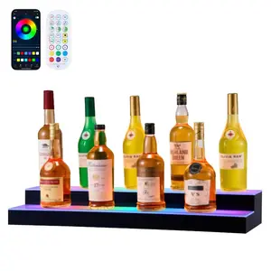 VEVOR LED Lighted Liquor Bottle Display, 2 Tiers 30 inches, Supports USB, Acrylic Illuminated Home Bar Shelf Display with RF Remote App Control, 9 Static Colors, Timing Mode, for 14-20 Bottles