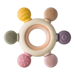 Baby Teething Toys Silicone Teethers BPA Free Silicone Rudder with Wooden Ring Soothe Babies Gums (Khaki)