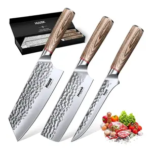 Huusk Kitchen Knife Set 3pcs - Japanese Nakiri Vegetable Knife, Meat Cleaver Boning Knife for Meat Cutting, Hand Forged Butcher Chef Knives Set for Kitchen Home Cooking, Father's Day Gifts for Men