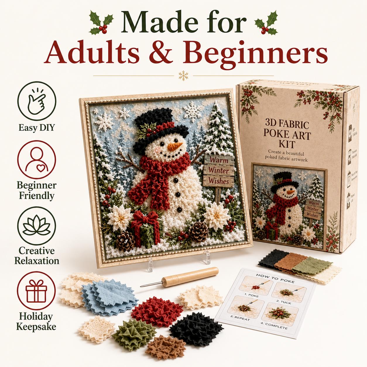 3D Christmas Fabric Poke Art Kit, DIY Snowman Embroidery Craft Kit, Handmade Holiday Wall Hanging Decor, Creative Christmas Decoration Gift for Adults & Craft Beginners