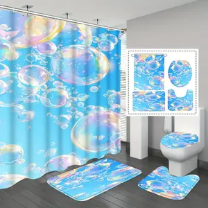 Blue Rainbow Bubble Bath Curtain, HD Print Waterproof Mold-Resistant Bathroom Curtain, Modern Wall-Mounted Straight Shower Rod, 1/3/4pcs