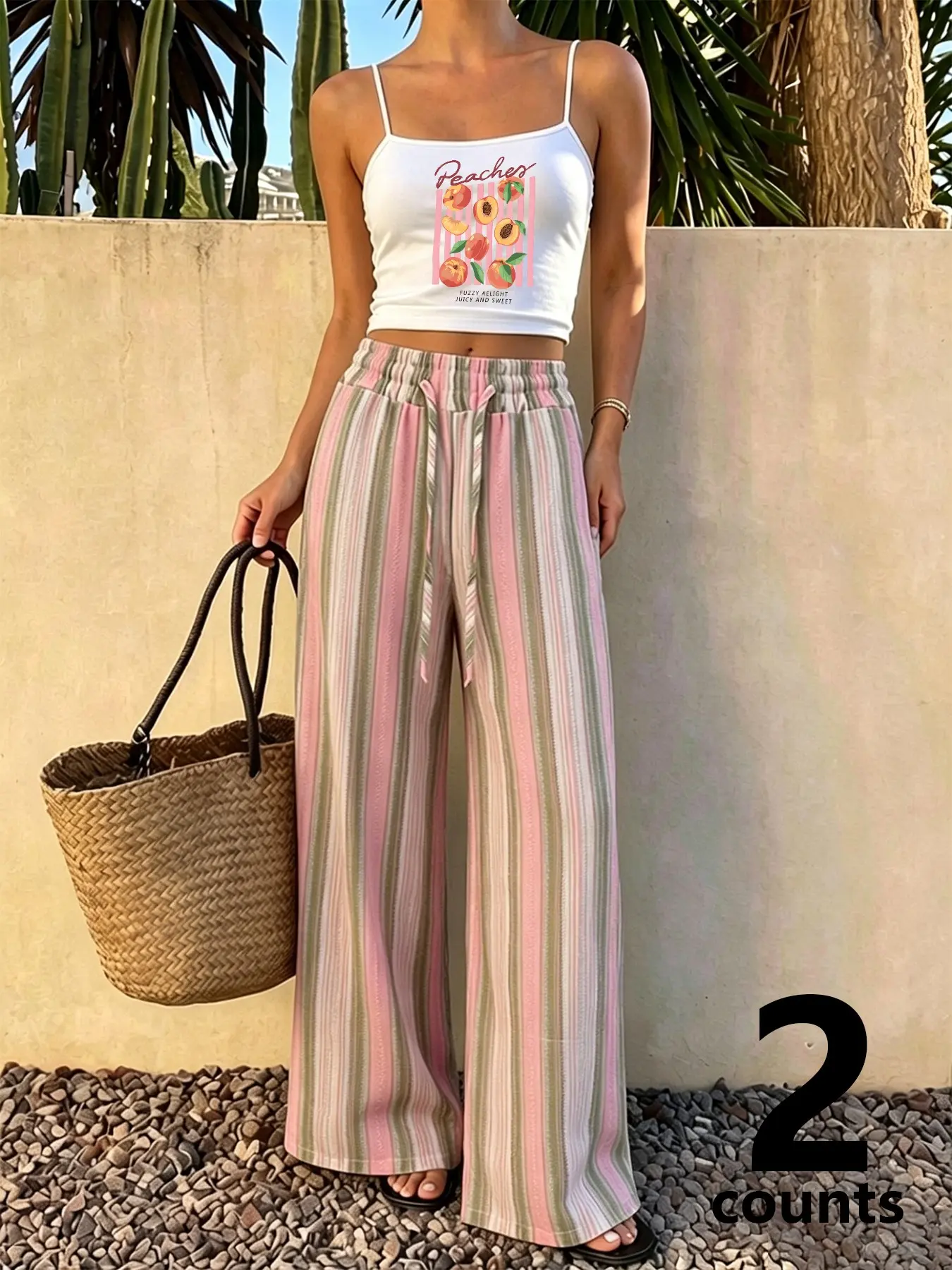 2Pcs Women's Summer Casual Chic Outfit, Peach Print Sleeveless Cami Top + Striped Wide Leg Pants, Adjustable Drawstring Waist Vacation Set, Suitable For Beach And Daily Wear