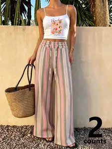 2Pcs Women's Summer Casual Outfit, Peach Print Cami Top + Striped Wide Leg Pants, Adjustable Drawstring Waist Vacation Set, Suitable For Beach And Daily Wear