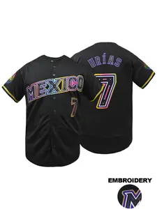 Men's Colorful "MEXICO 7" Stitched Baseball Jersey, Casual Breathable V Neck Short Sleeve Baseball Top for Training & Competition, Fashion Men's Sportswear for All Seasons, Baseball Shirt, Stylish Jersey