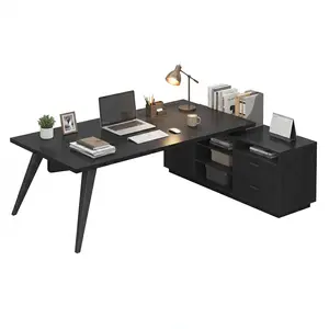 70.3 inch L-Shaped Executive Desk with Power Outlets & Storage Black