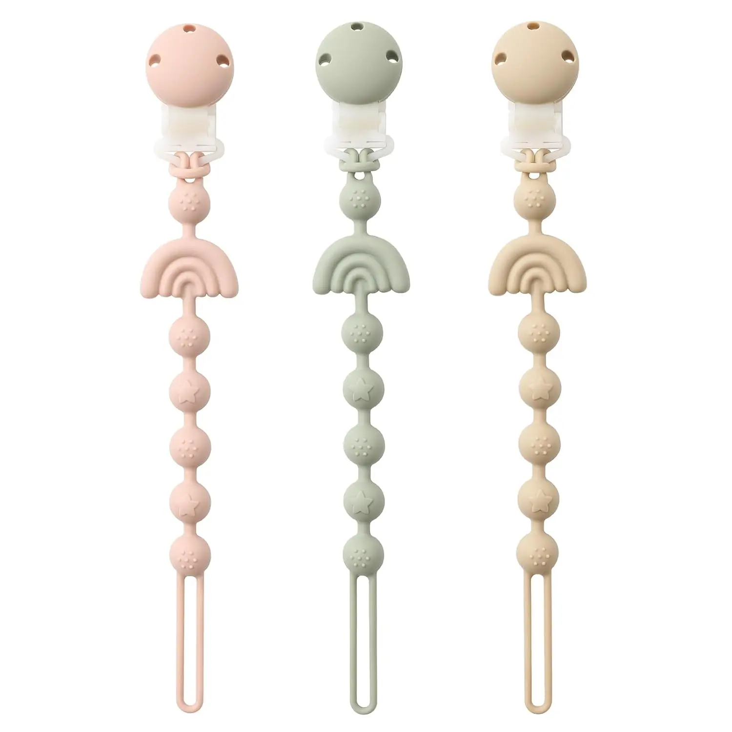 X-SRT26 Baby Pacifier Clips One Piece Binky Clip Holder Silicone Teether Clip Pacifier Straps with Clip Baby Teether Toys for Boys and Girls Set of 3 Andy Bear-Ivory+Sage+Blush