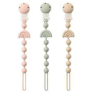 X-SRT26 Baby Pacifier Clips One Piece Binky Clip Holder Silicone Teether Clip Pacifier Straps with Clip Baby Teether Toys for Boys and Girls Set of 3 Andy Bear-Ivory+Sage+Blush