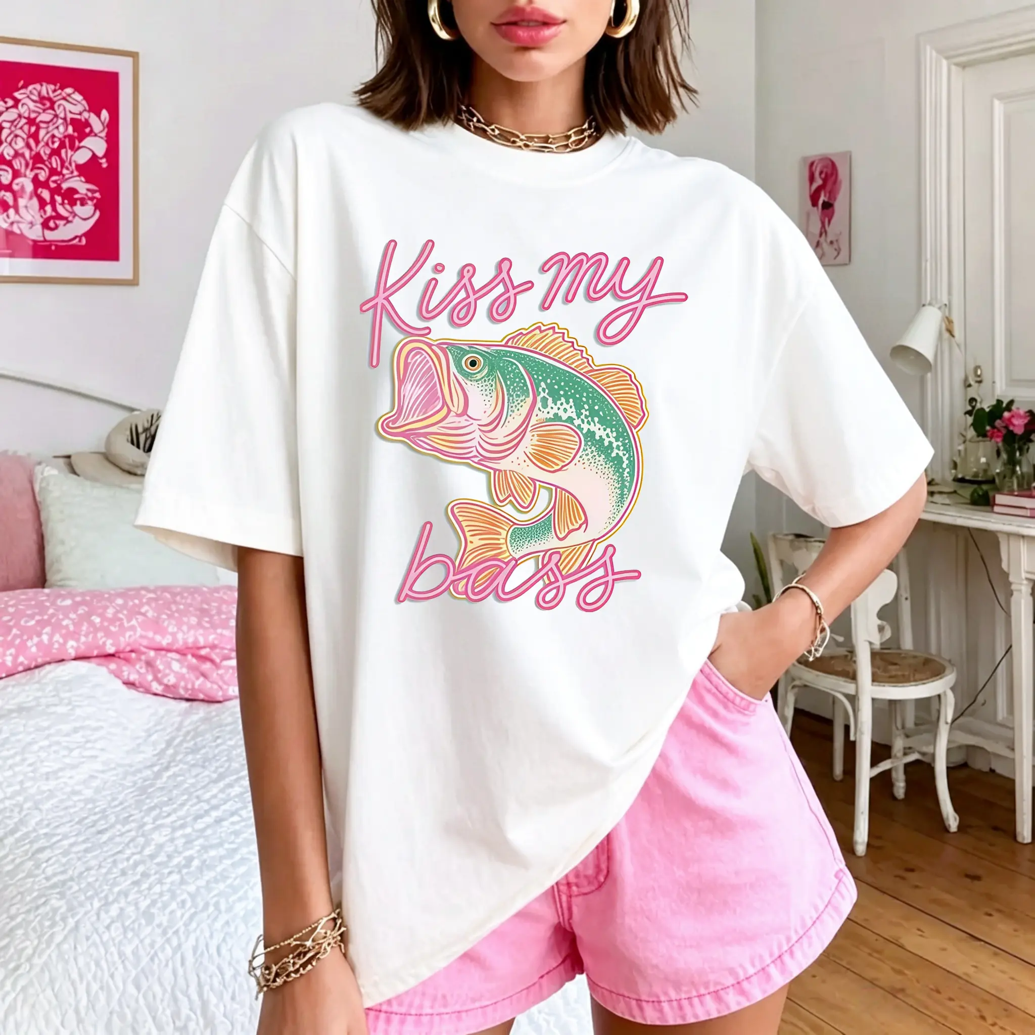 Vintage Bass Fishing Graphic Tee Casual Oversized Cotton Summer T-shirt For Women