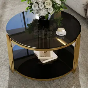 Round Coffee Table Modern Black Mirror Coffee Table, Asymmetrical Metal, Circular Metal Drum Base, Gold Finish & Lower Storage Shelf