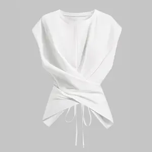 Women's Knitted Round Neck Drop Shoulder Sleeve T-Shirt, Fashion Casual Chic Asymmetrical Ruched Cross Cutout Back Tie Top