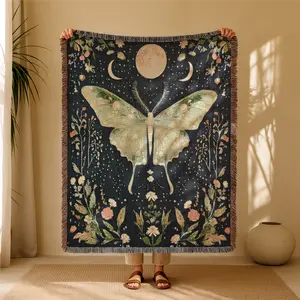 Butterfly Under The Moon Pattern Boho Floral Bohemian Yarn Jacquard Woven Throw Blanket with Tassel, Thick Soft Washable Blanket, Used for Home Decor Sofa Chair Bed Tapestry Tablecloth Floor Garden Picnic Outdoor Camping
