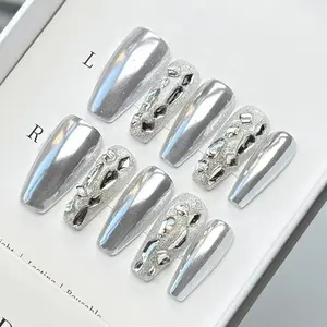 Obsessed With This Edgy Vibe! Custom Full Chrome Silver Press On Fake Nails, Exquisite Hand-Pailed Sparkling Mixed Rhinestone Design, TikTok Viral Hit