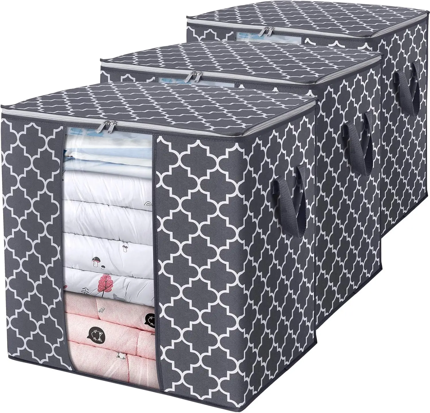 Storage Bags (3 Pack, 100L) - Smooth Foldable Home Organizers with Reinforced Handles, Clear Window, Sturdy Zippers for Comforters, Bedding, Blankets, Clothes