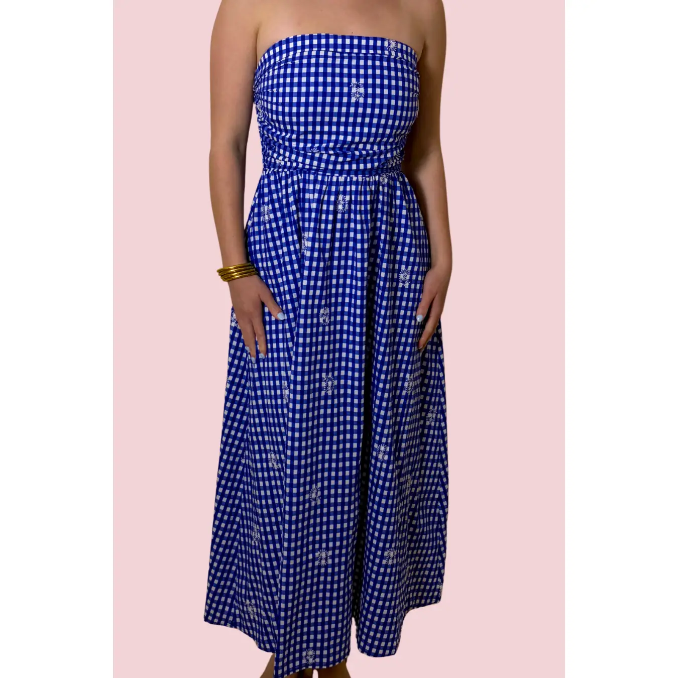 Sweetheart Blue Strapless Gingham Maxi Dress