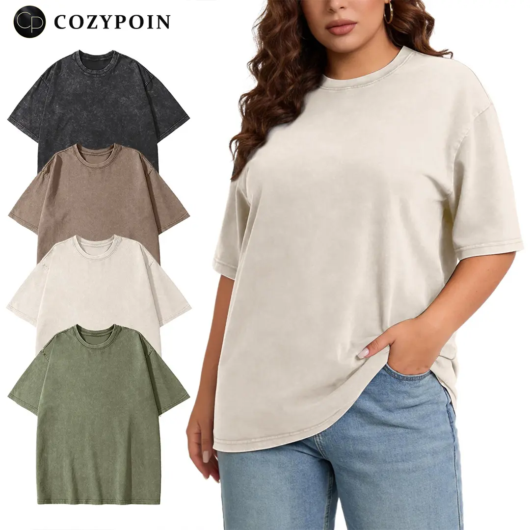 Women's Plus Size T Shirts, 4-Pack Acid-Wash Premium Cotton Tees, Oversize Streetwear Tops for Layering Outfits and Casual OOTD, Affordable Fashion, Comfy Casual, Happy Curves, Basic Style