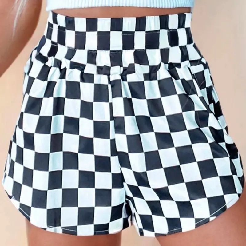 Checker High Waisted Shorts - Black and White Checkered Design, Versatile for Women's Bottom Wear - Womenswear