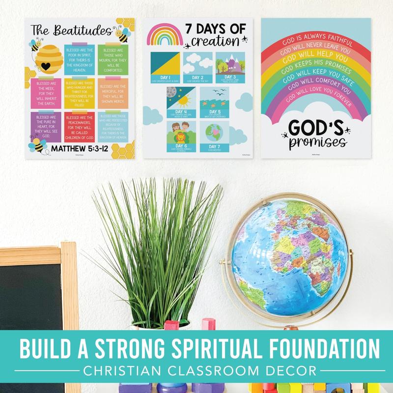 Colorful Rainbow Bible Posters | Set of 9 | Sunday School Classroom Art Stickers Visual Learning Tools