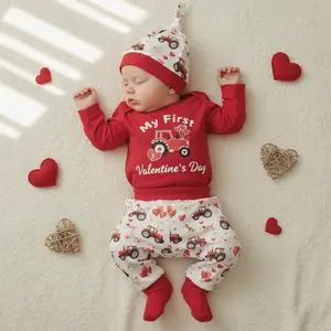 Infant Baby Boy Valentines Outfit Long Sleeve Letters Romper Pants Hat My First Valentines Baby Boy Outfit