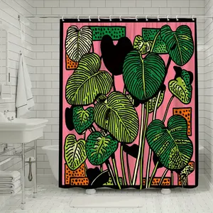 1 piece of plant-themed shower curtain, bright leaf pattern, pink background, style bathroom decoration, polyester with 12 hooks, 70.8x 70.8inch D