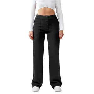 Womens casual high waist straight leg pants stretchy button business dress work pocket trousers