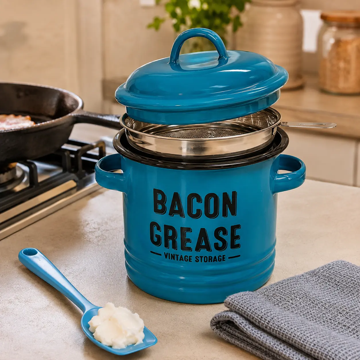 46oz Bacon Grease Container with Strainer and Lid, 5-Piece Kitchen Grease Keeper Set for Bacon Fat Storage
