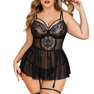 Avidlove Women's Plus Size Bridal Lingerie, Floral Lace Mesh Chemise with Garter Belt, Polyester-Spandex Womenswear Boudoir Nightdress