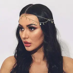 1PC Gold Chain Headpiece with Disc Charms, Boho - Style Hair Accessory, Elegant Head Chain for Festivals & Parties