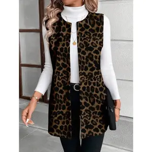 Women's Casual Leopard Print Crew Neck Cardigan Vest Jacket, Suitable For Fall/Winter