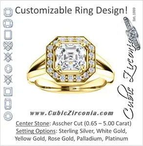 Cubic Zirconia Engagement Ring- The Madison Taylor (Customizable Asscher Cut Halo Design with Split Band and Dual Round Side-Knuckle Accents)
