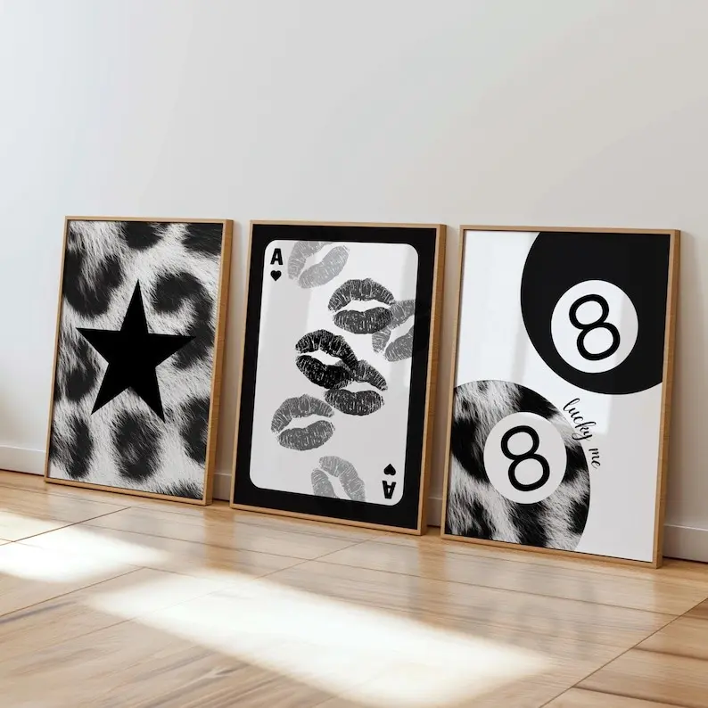 Playing card wall art set, 8 ball chic trendy prints, leopard ace card wall print, vintage cheetah print decor, retro kiss marks wall art
