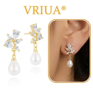 VRIUA Pearl Earrings - 14K Gold/White Gold Plated Cubic Zirconia CZ Accented Pearl Drop Dangle Earrings for Women Wedding Bridal Prom