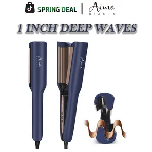 【New Upgrade Deep Wave】Aima Beauty 1 Inch Deep Hair Waver Beach Waves,Negative-lonic Curling Iron, Crimper Curling Wand for All Hair Types, Smart Beep Alerts, Adjustable Temps,Travel DualV oltage Anti-Scald Long Lasting Style lonic Anti-Frizz Hair Tools