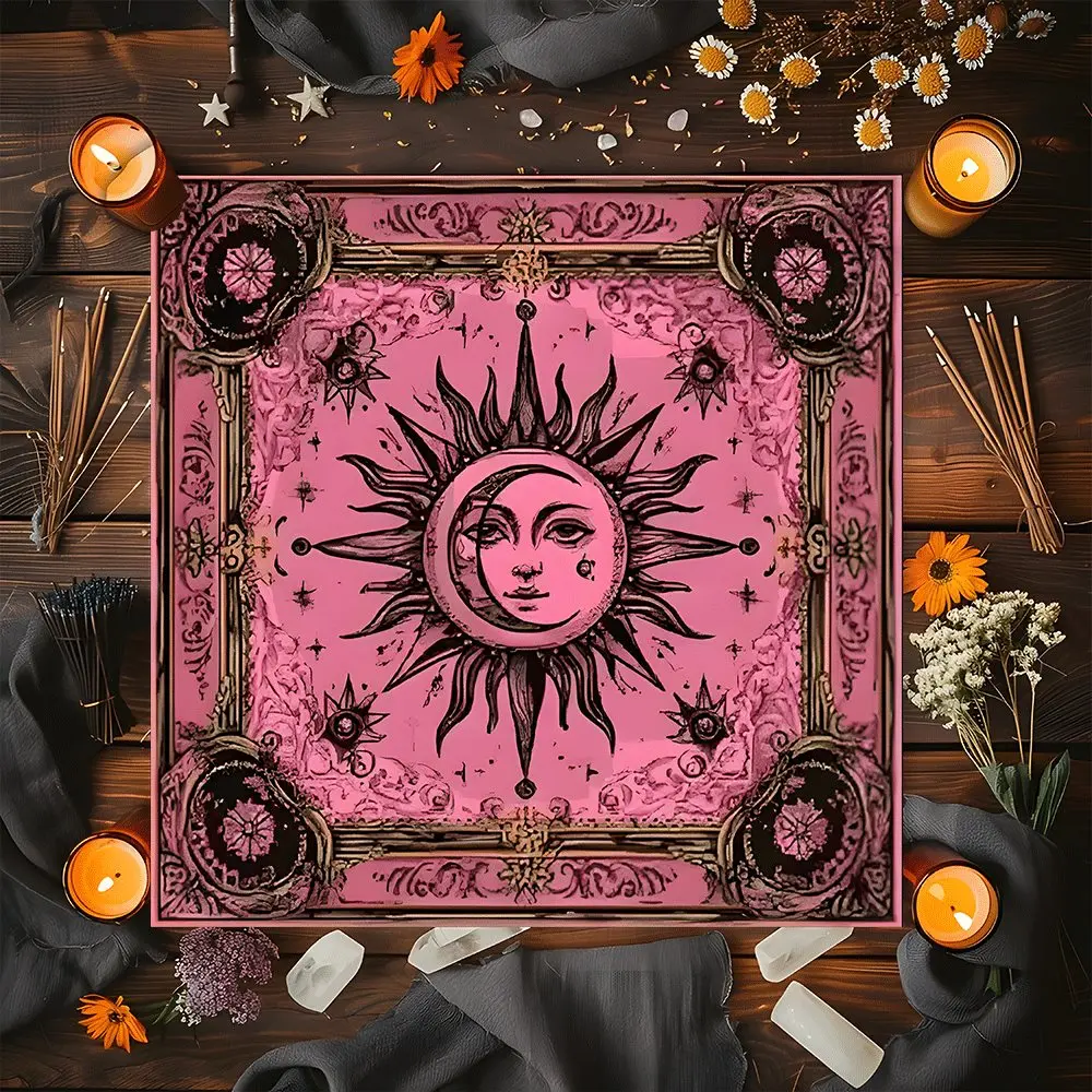 Vintage Boho Pink Moon Sun Design Square Tarot Tablecloth, Witch-style home decor Altar Cloth Multiple Sizes Polyester Fabric, Easy to Clean and Maintain Decorative Divination Cloth for Spreads & Rituals Gift for family and friends