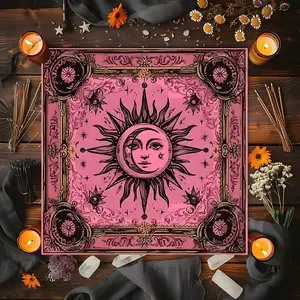Vintage Boho Pink Moon Sun Design Square Tarot Tablecloth, Witch-style home decor Altar Cloth Multiple Sizes Polyester Fabric, Easy to Clean and Maintain Decorative Divination Cloth for Spreads & Rituals Gift for family and friends