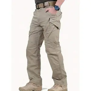 Men’s tactical work pants with a multi-pocket design, wear-resistant and scratch-resistant, loose mid-rise fit with an elastic waistband, comfortable in all seasons, ideal for outdoor work and hiking in spring and autumn. Khaki menswear.