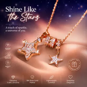 Rose Gold Star Pendant Necklace for Women, Dainty Double Star Cubic Zirconia Necklace, Adjustable Chain CZ Star Charm Necklace, Y2K Aesthetic Sparkly Jewelry Gift for Teen Girls Stainless Steel Layered Cross
