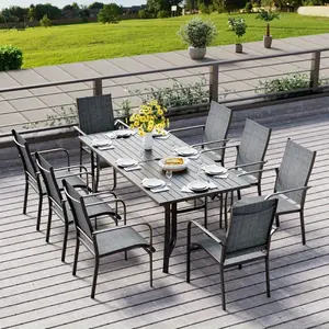 8-Person Outdoor Dining Set with 8 Textilene Chairs & Iron Table (Adjustable Umbrella Hole), All-Weather Gray Patio Furniture for Poolside, Backyard, Deck, Lawn, Brown/Gray/Blue